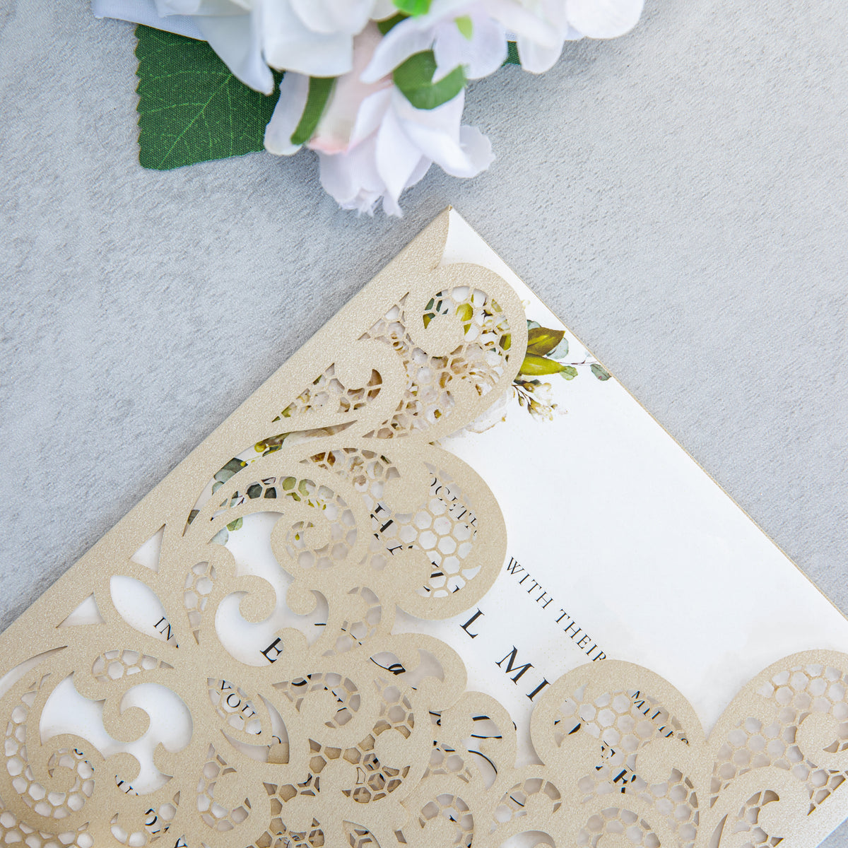 PONATIA 20 PCS Champagne Laser Cut Invitation Cards with Ribbons and Rhinestone Pearls