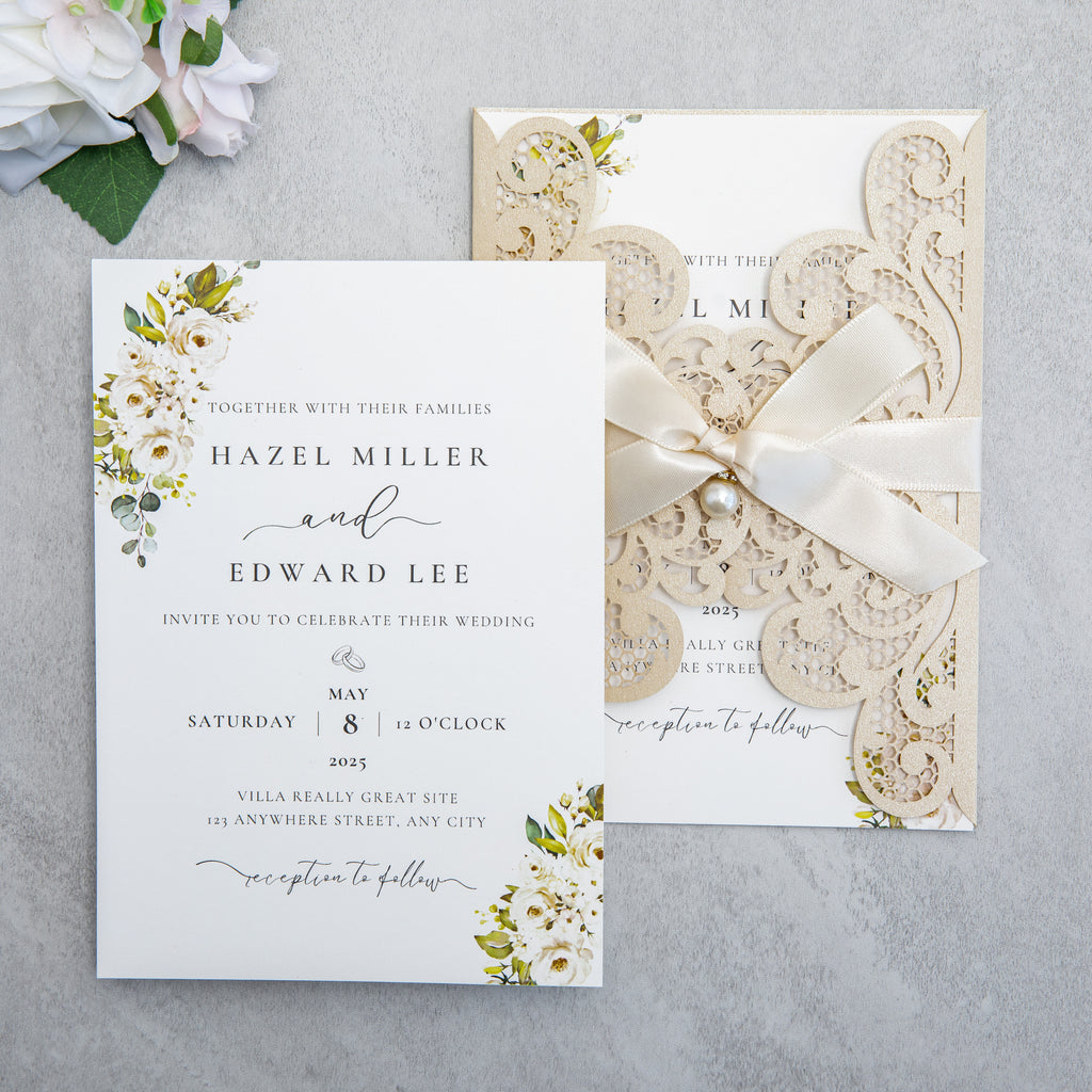 PONATIA 20 PCS Champagne Laser Cut Invitation Cards with Ribbons and Rhinestone Pearls