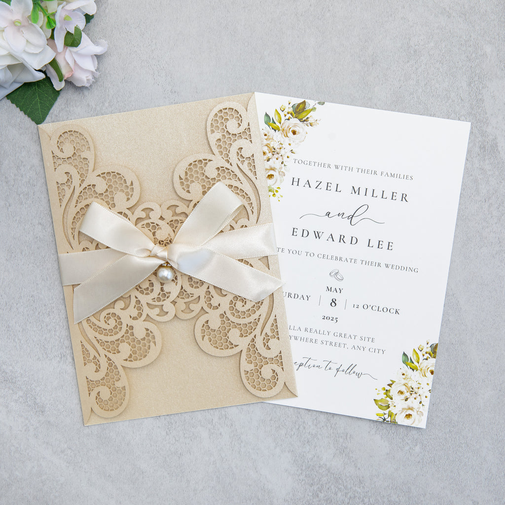 PONATIA 20 PCS Champagne Laser Cut Invitation Cards with Ribbons and Rhinestone Pearls