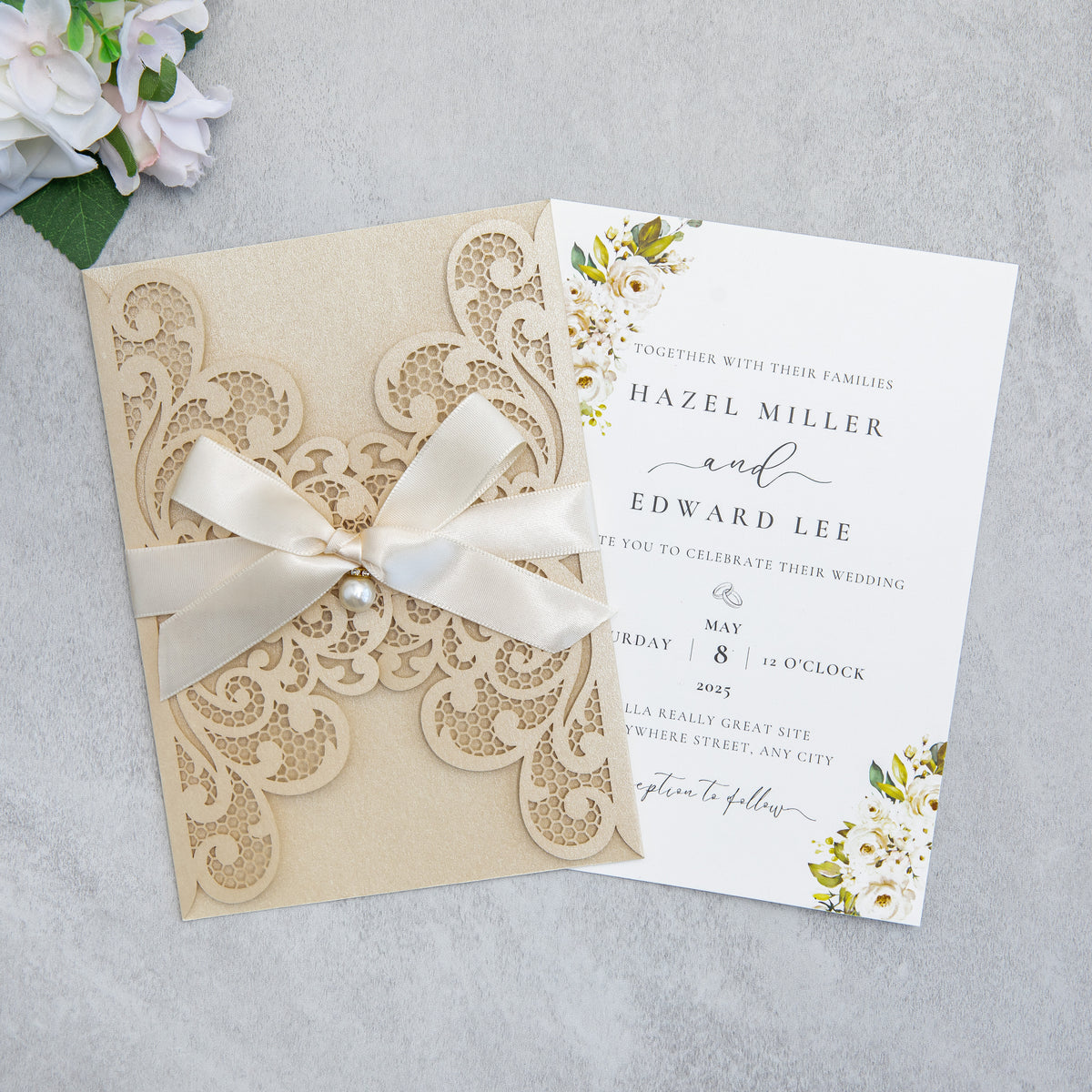 PONATIA 20 PCS Champagne Laser Cut Invitation Cards with Ribbons and Rhinestone Pearls
