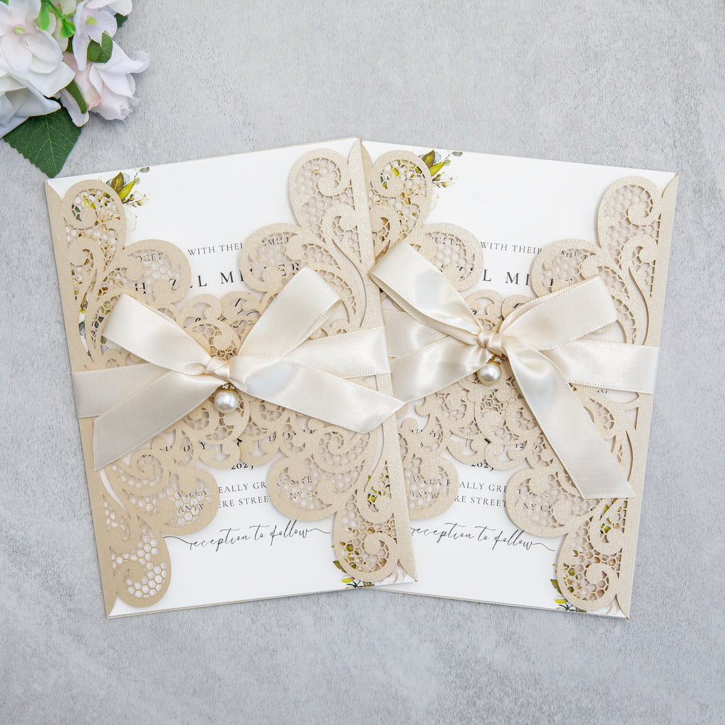 PONATIA 20 PCS Champagne Laser Cut Invitation Cards with Ribbons and Rhinestone Pearls
