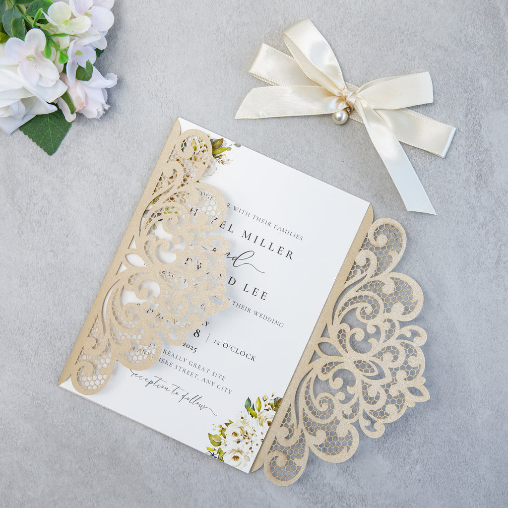 PONATIA 20 PCS Champagne Laser Cut Invitation Cards with Ribbons and Rhinestone Pearls