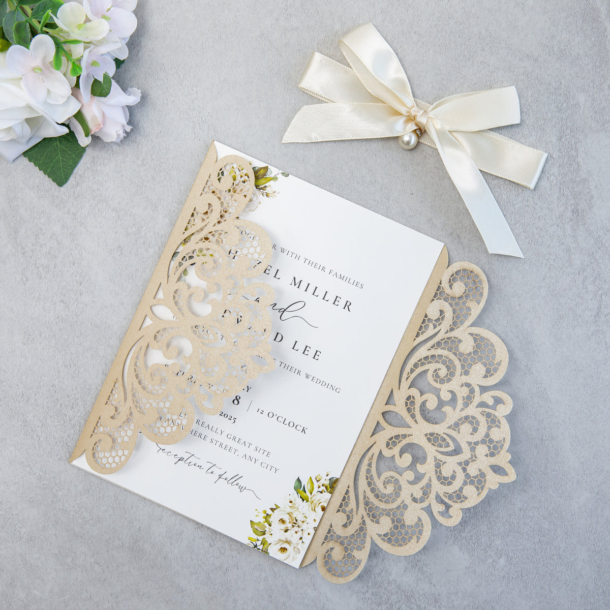 PONATIA 20 PCS Champagne Laser Cut Invitation Cards with Ribbons and Rhinestone Pearls