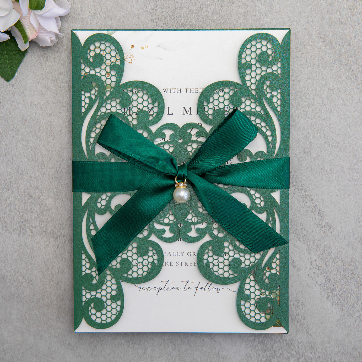 PONATIA 20 PCS Emerald Green Laser Cut Invitation Cards with Ribbons and Rhinestone Pearls