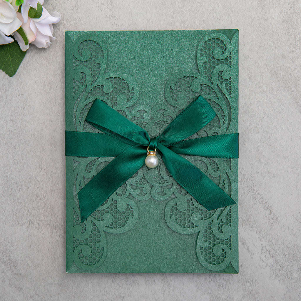 PONATIA 20 PCS Emerald Green Laser Cut Invitation Cards with Ribbons and Rhinestone Pearls