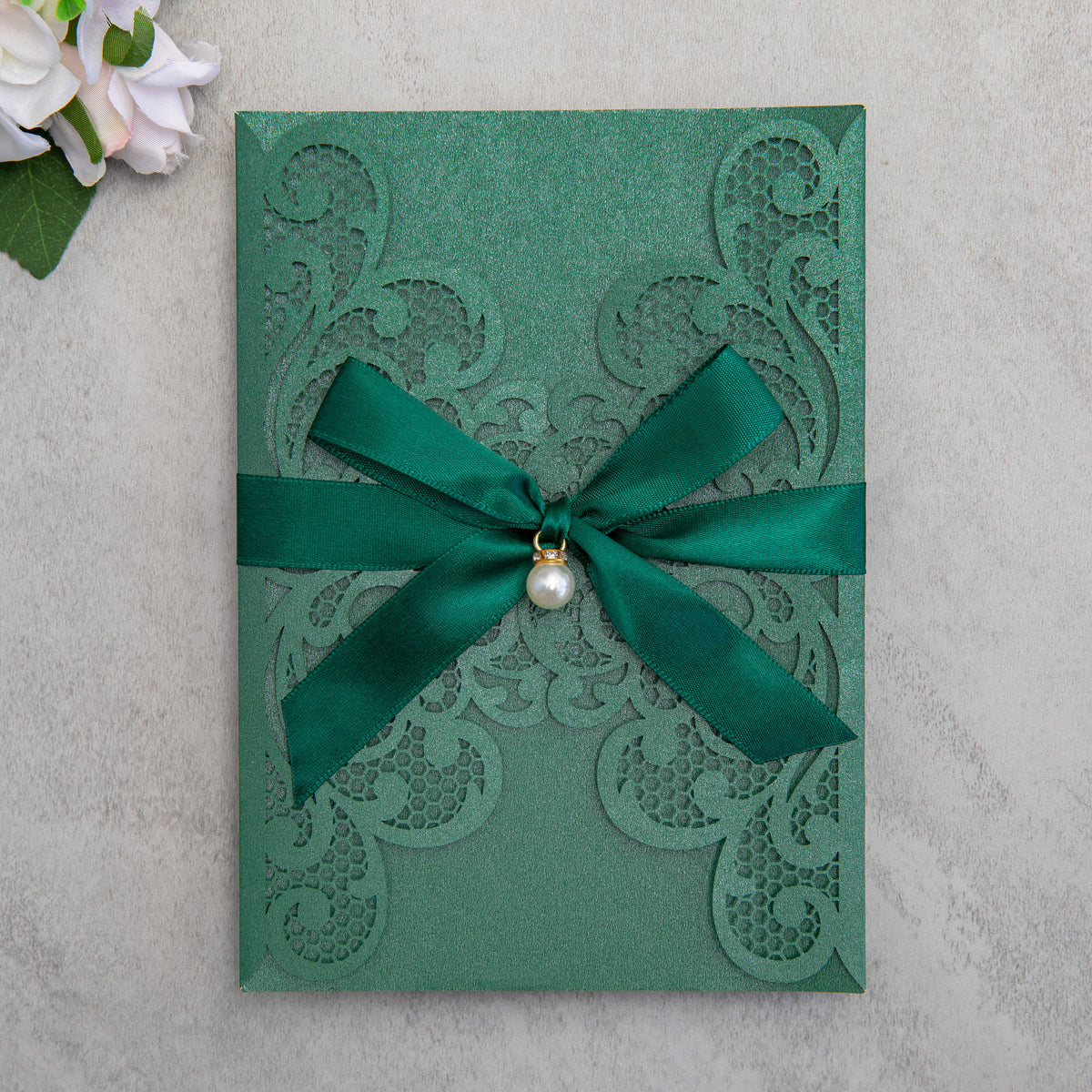 PONATIA 20 PCS Emerald Green Laser Cut Invitation Cards with Ribbons and Rhinestone Pearls