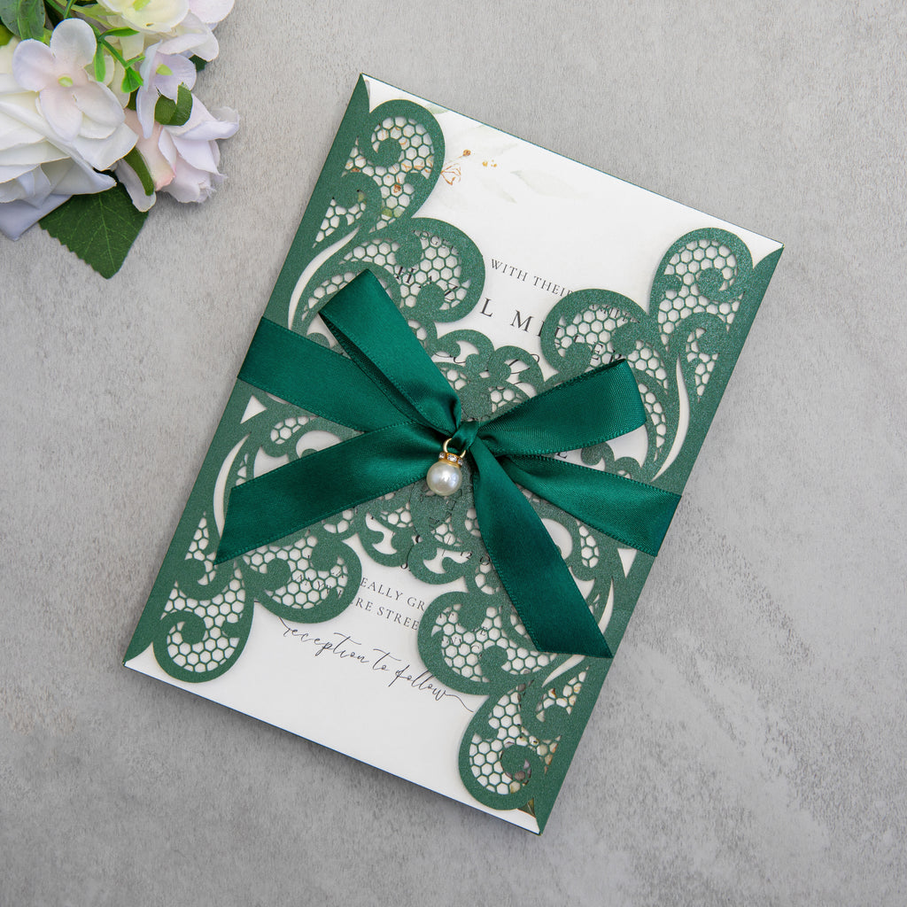 PONATIA 20 PCS Emerald Green Laser Cut Invitation Cards with Ribbons and Rhinestone Pearls
