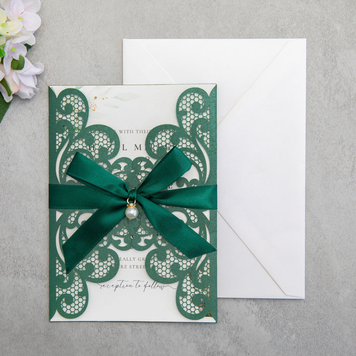 PONATIA 20 PCS Emerald Green Laser Cut Invitation Cards with Ribbons and Rhinestone Pearls
