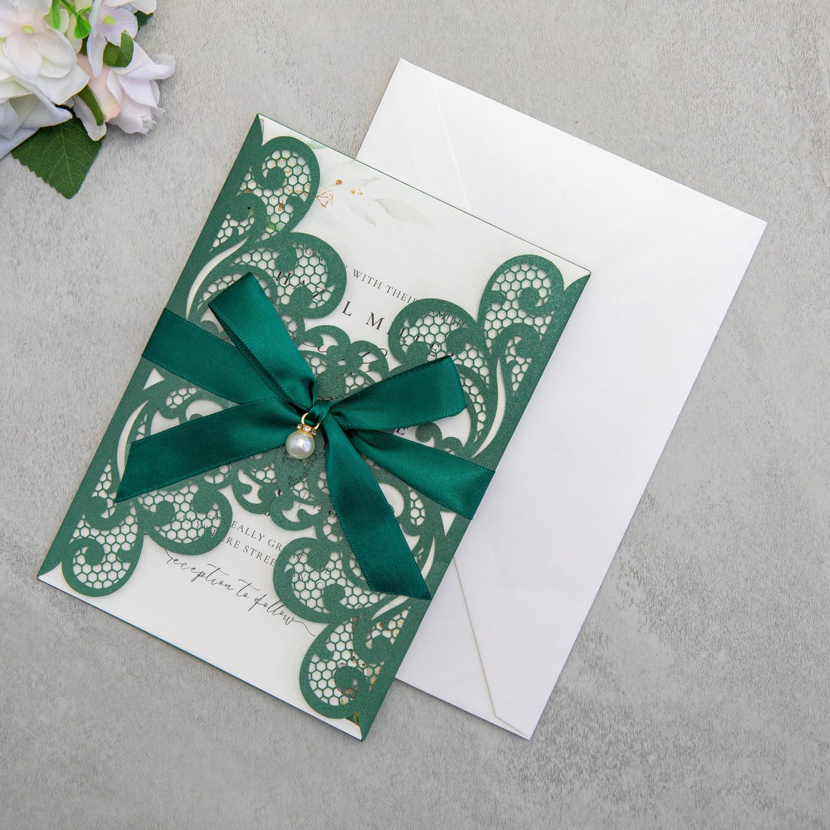 PONATIA 20 PCS Emerald Green Laser Cut Invitation Cards with Ribbons and Rhinestone Pearls