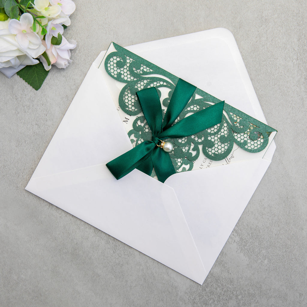PONATIA 20 PCS Emerald Green Laser Cut Invitation Cards with Ribbons and Rhinestone Pearls