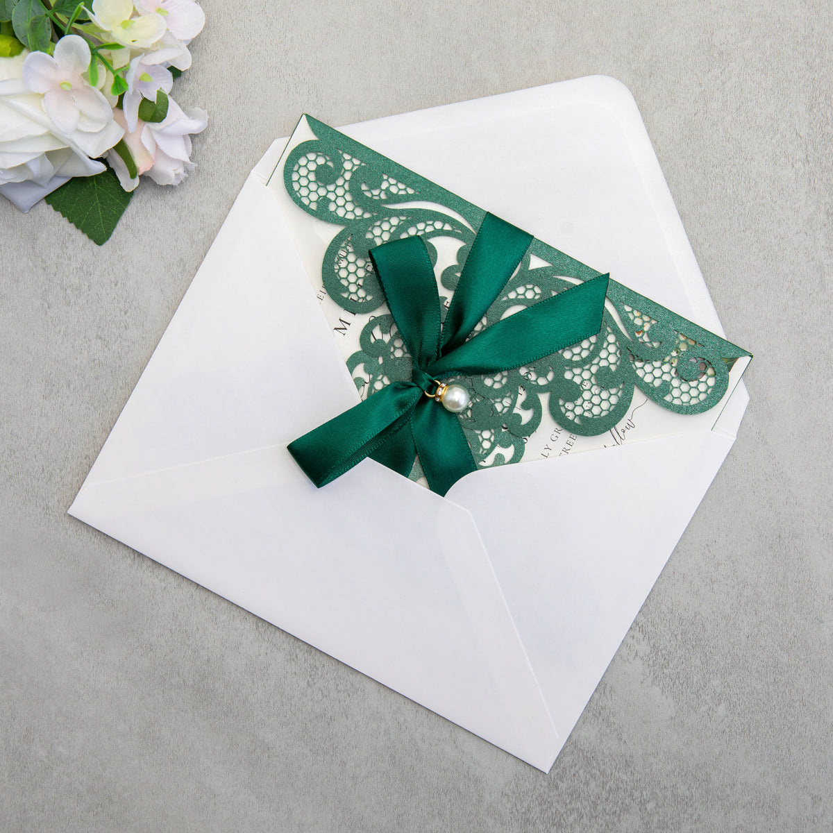 PONATIA 20 PCS Emerald Green Laser Cut Invitation Cards with Ribbons and Rhinestone Pearls