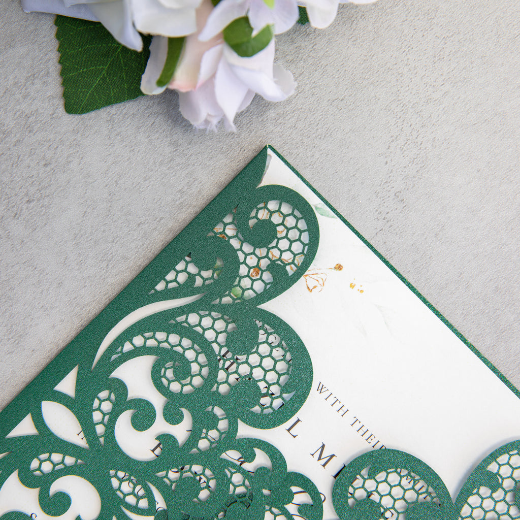PONATIA 20 PCS Emerald Green Laser Cut Invitation Cards with Ribbons and Rhinestone Pearls