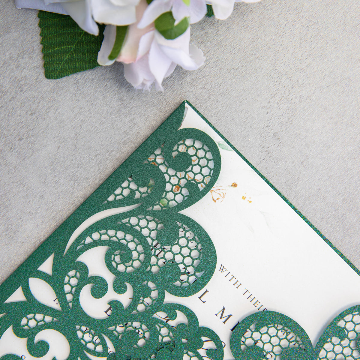 PONATIA 20 PCS Emerald Green Laser Cut Invitation Cards with Ribbons and Rhinestone Pearls