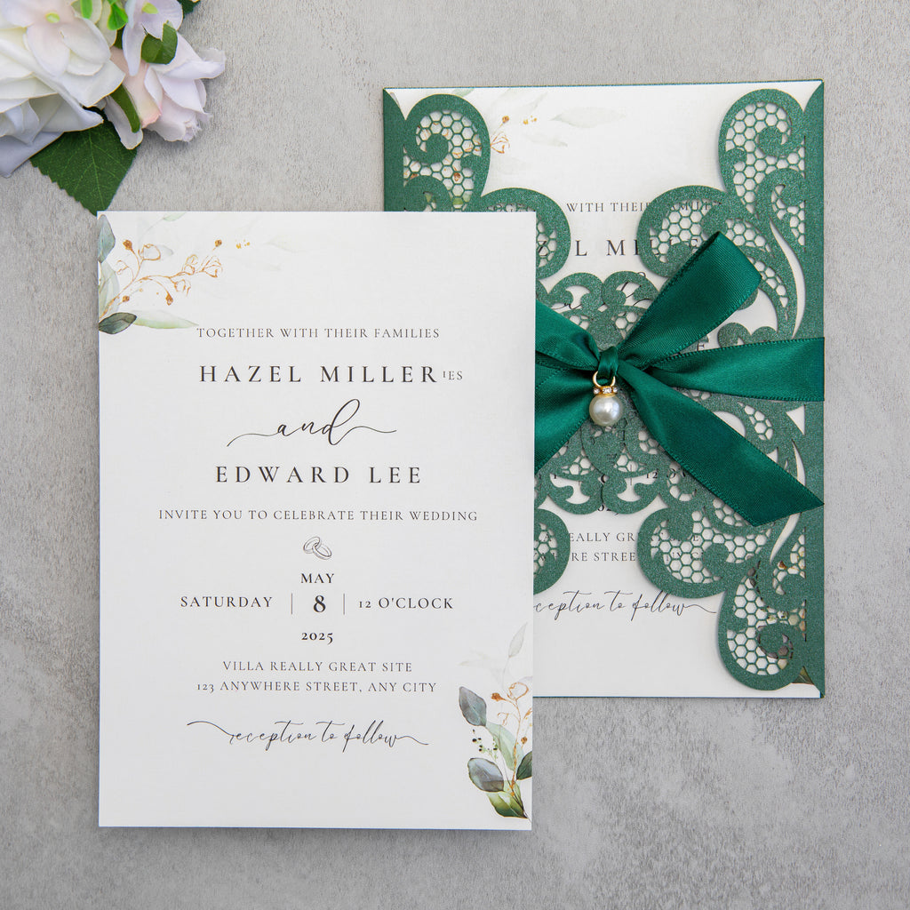 PONATIA 20 PCS Emerald Green Laser Cut Invitation Cards with Ribbons and Rhinestone Pearls