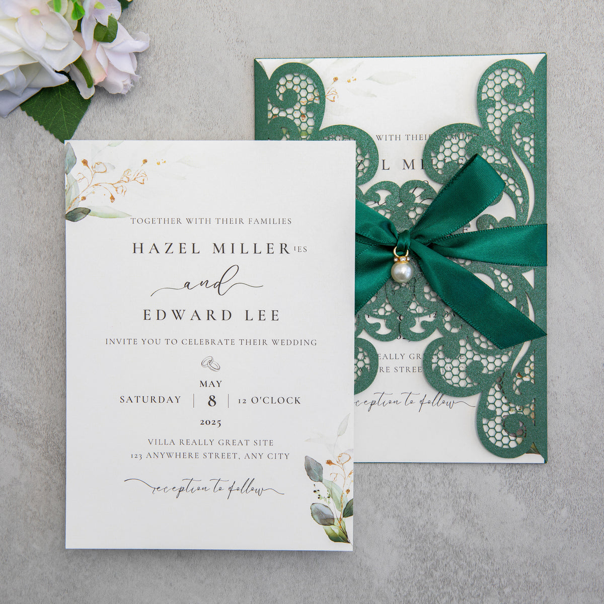 PONATIA 20 PCS Emerald Green Laser Cut Invitation Cards with Ribbons and Rhinestone Pearls