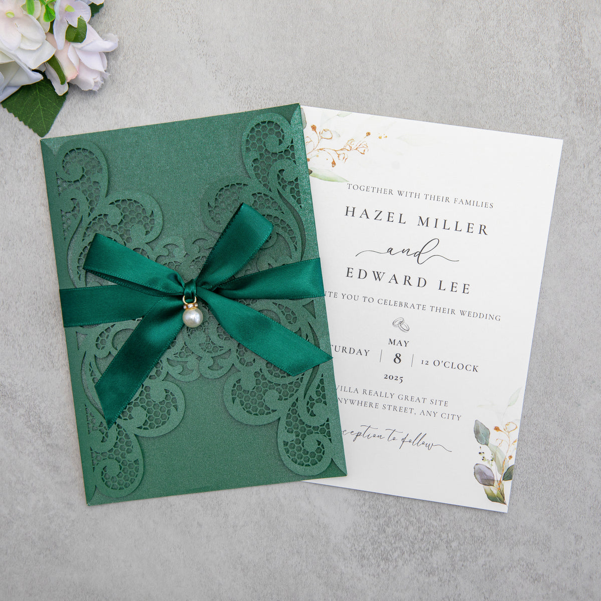 PONATIA 20 PCS Emerald Green Laser Cut Invitation Cards with Ribbons and Rhinestone Pearls
