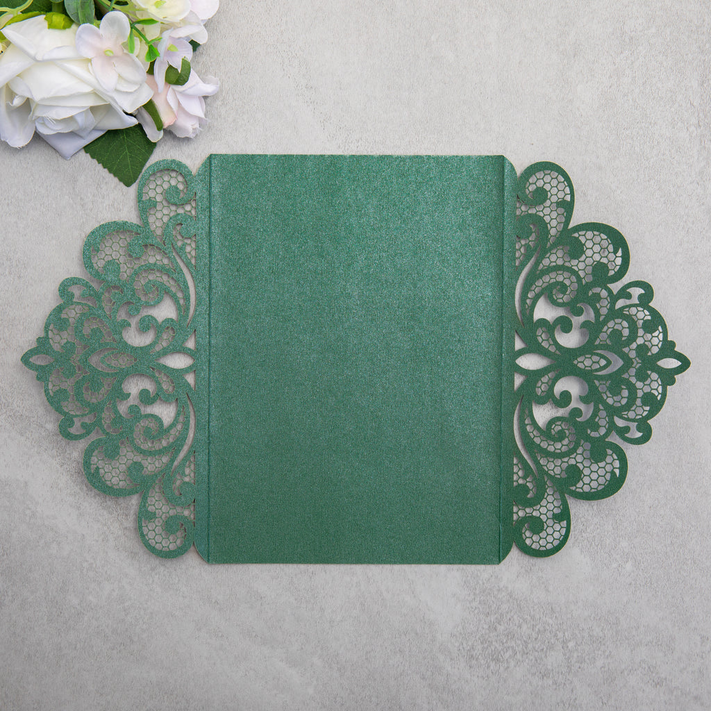 PONATIA 20 PCS Emerald Green Laser Cut Invitation Cards with Ribbons and Rhinestone Pearls