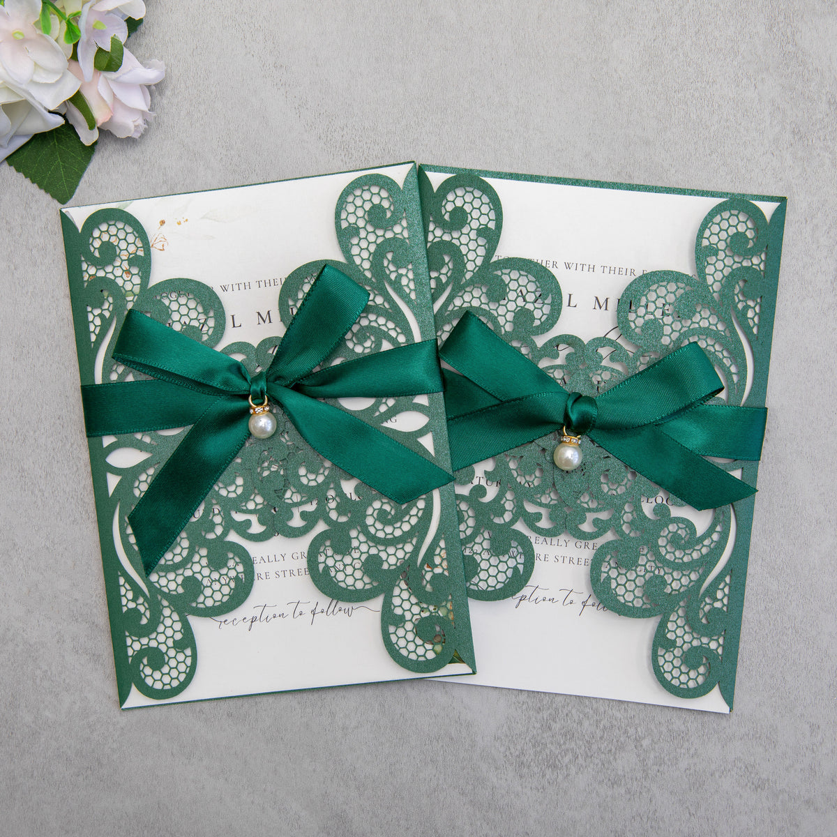 PONATIA 20 PCS Emerald Green Laser Cut Invitation Cards with Ribbons and Rhinestone Pearls