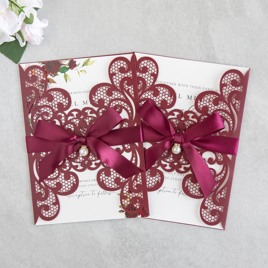 PONATIA 20 PCS Burgundy Laser Cut Invitation Cards with Ribbons and Rhinestone Pearls