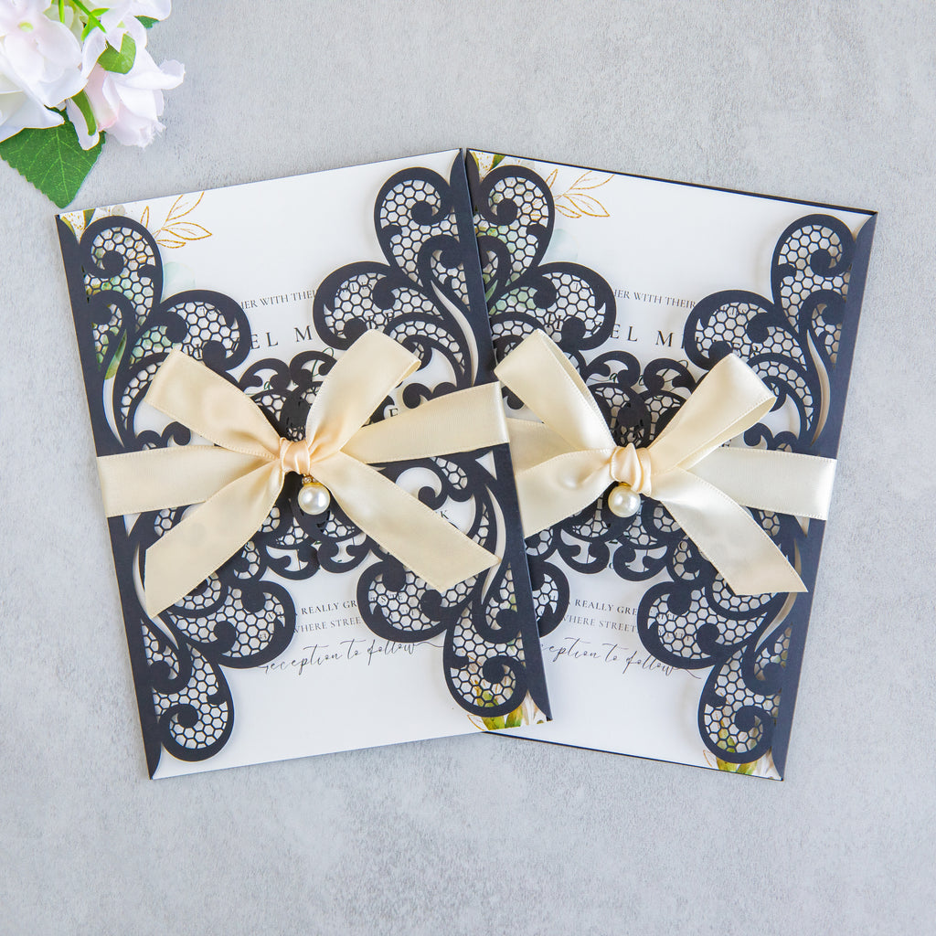 PONATIA 20 PCS Black Laser Cut Invitation Cards with Ribbons and Rhinestone Pearls