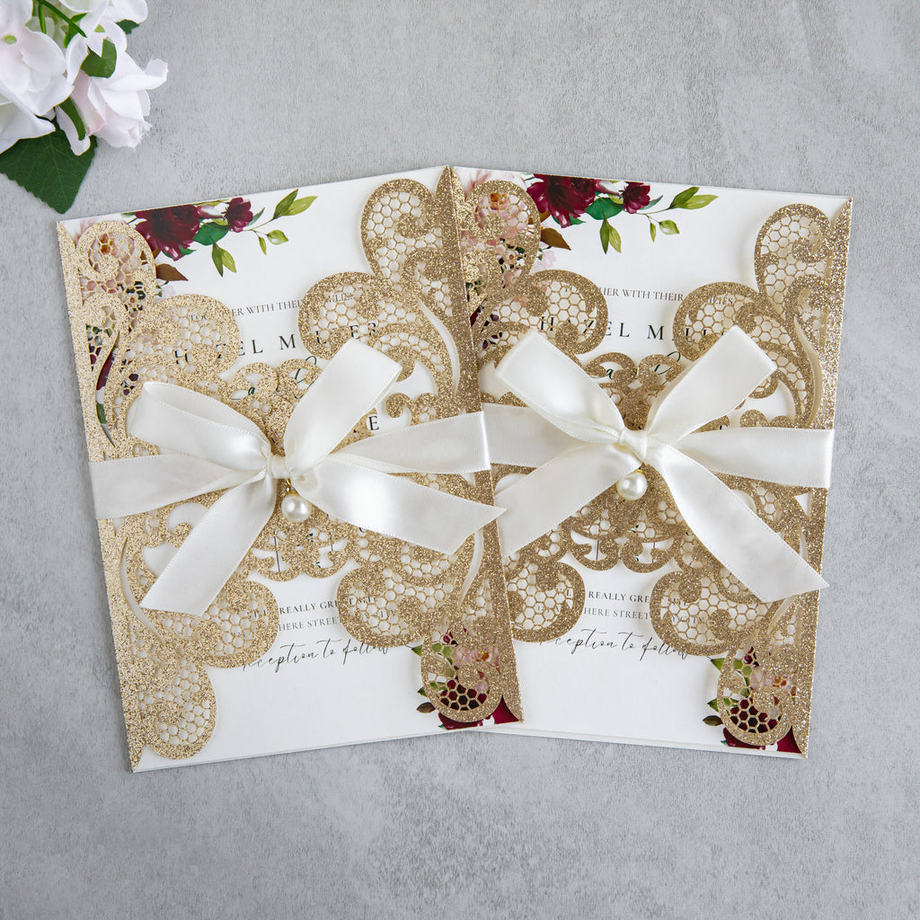 PONATIA 20 PCS Gold Glitter Laser Cut Invitation Cards with Ribbons and Rhinestone Pearls