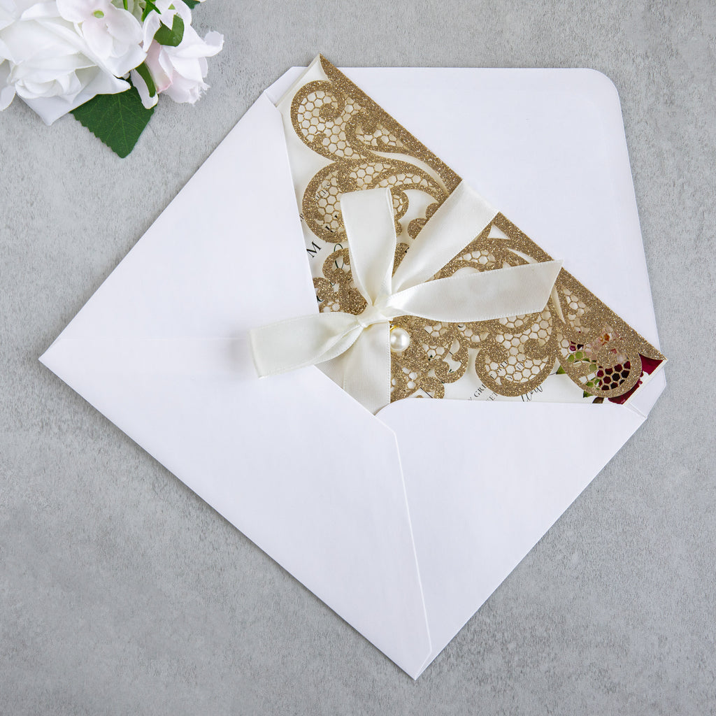 PONATIA 20 PCS Gold Glitter Laser Cut Invitation Cards with Ribbons and Rhinestone Pearls