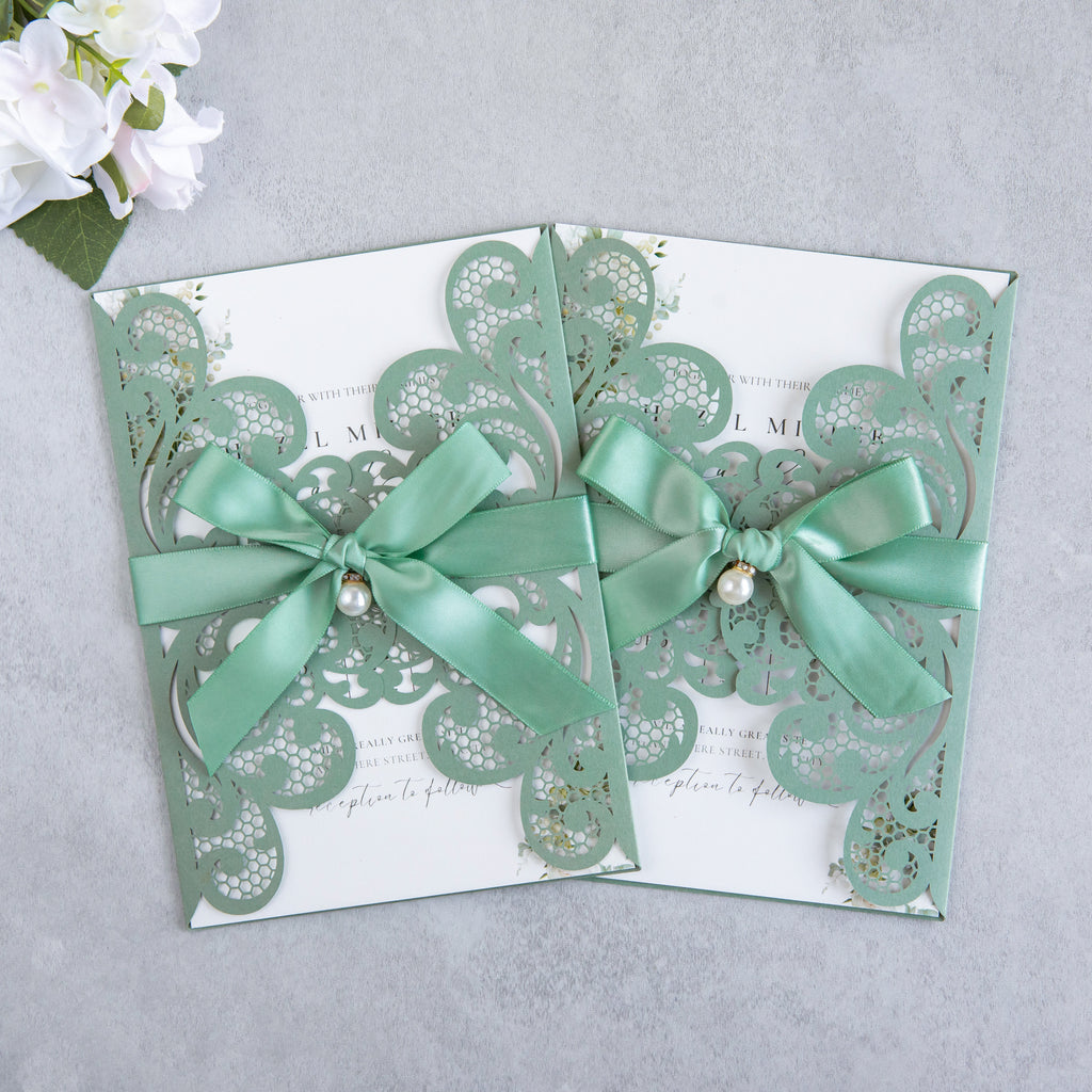 PONATIA 20 PCS Sage Green Laser Cut Invitation Cards with Ribbons and Rhinestone Pearls