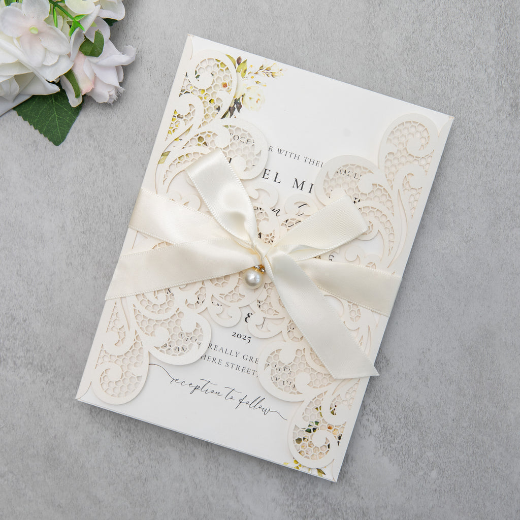 PONATIA 20 PCS Ivory Laser Cut Invitation Cards with Ribbons and Rhinestone Pearls