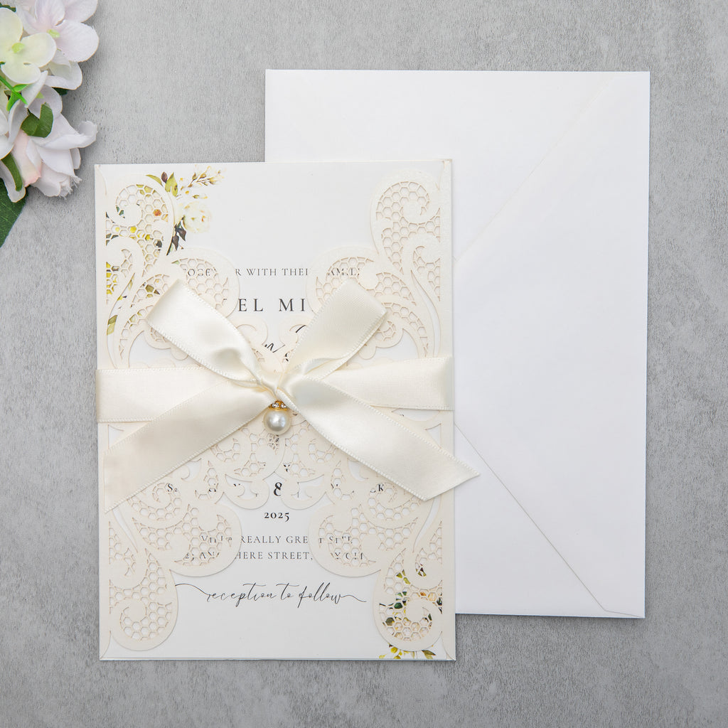 PONATIA 20 PCS Ivory Laser Cut Invitation Cards with Ribbons and Rhinestone Pearls