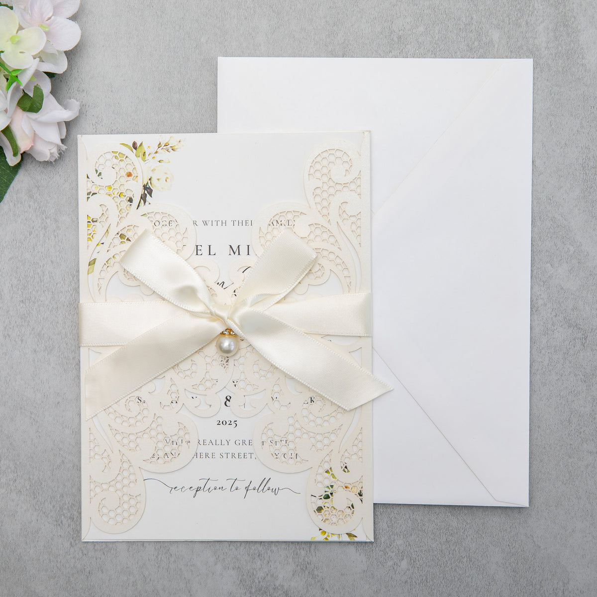 PONATIA 20 PCS Ivory Laser Cut Invitation Cards with Ribbons and Rhinestone Pearls