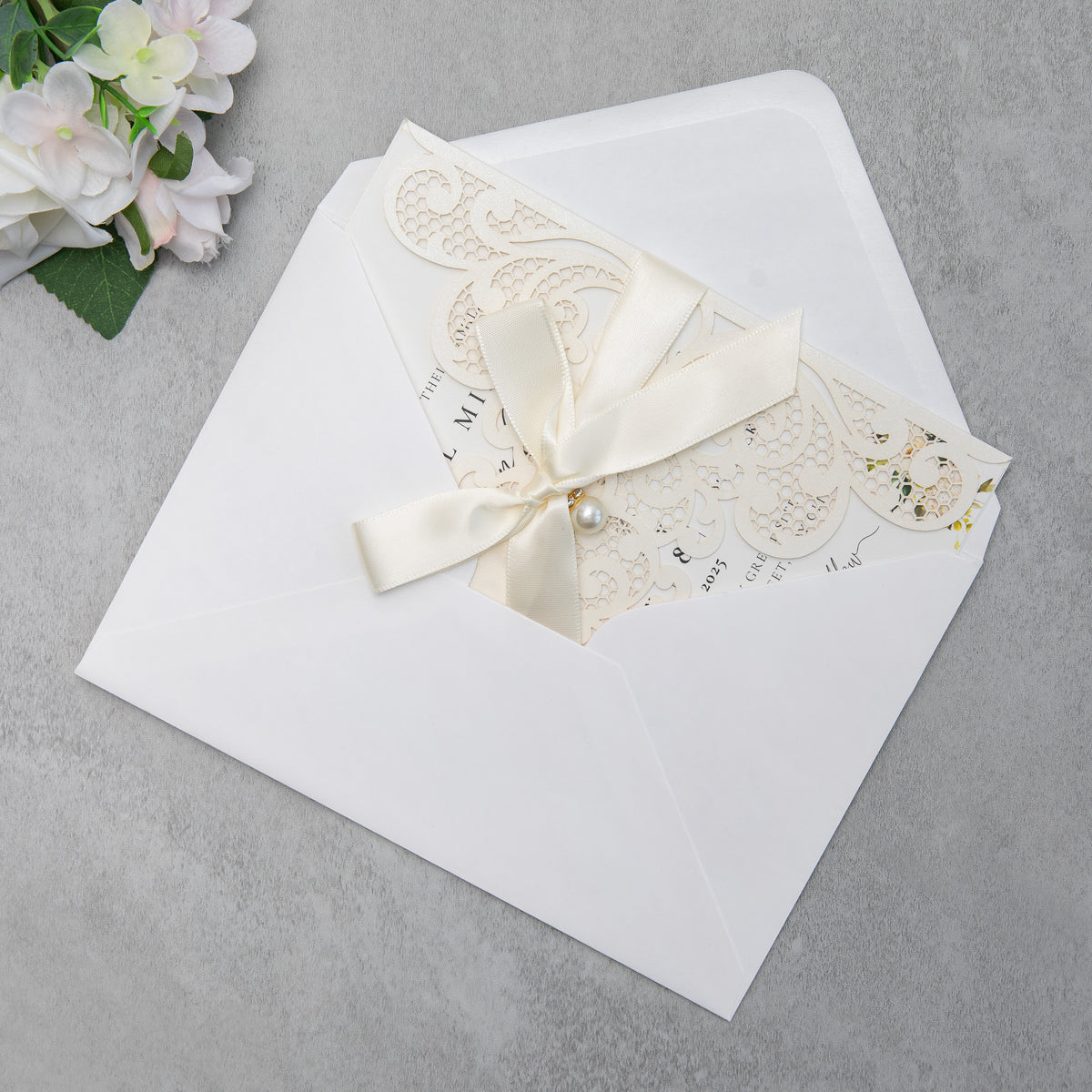 PONATIA 20 PCS Ivory Laser Cut Invitation Cards with Ribbons and Rhinestone Pearls