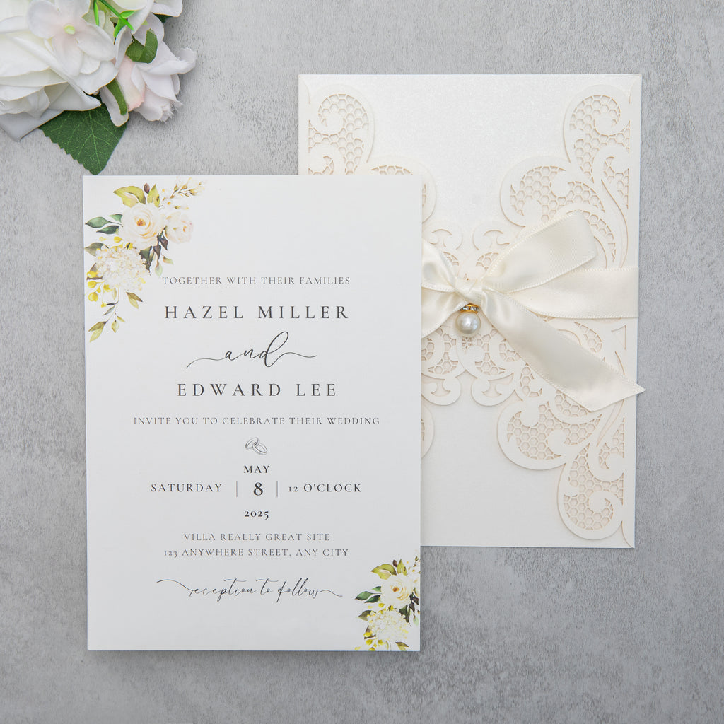 PONATIA 20 PCS Ivory Laser Cut Invitation Cards with Ribbons and Rhinestone Pearls