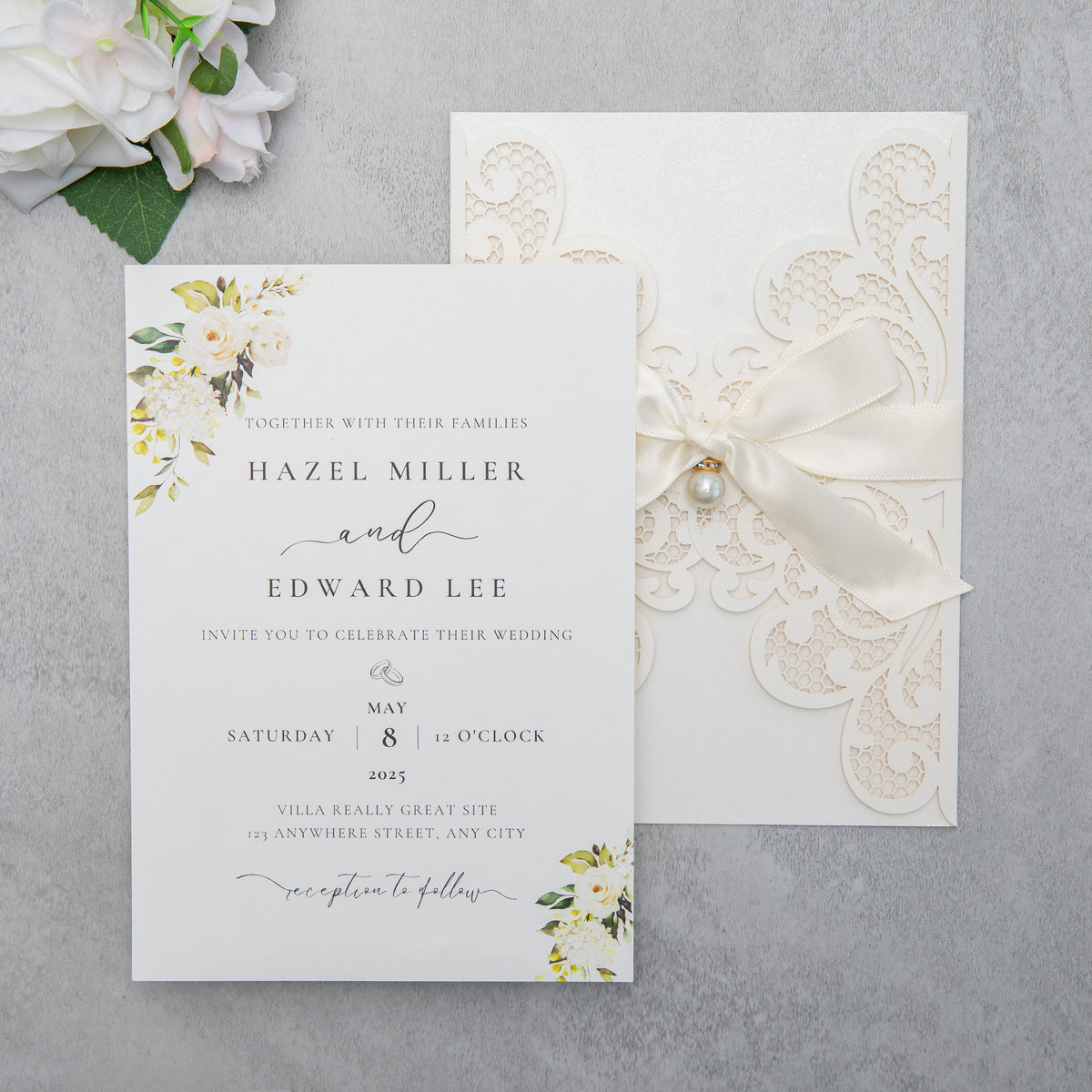 PONATIA 20 PCS Ivory Laser Cut Invitation Cards with Ribbons and Rhinestone Pearls