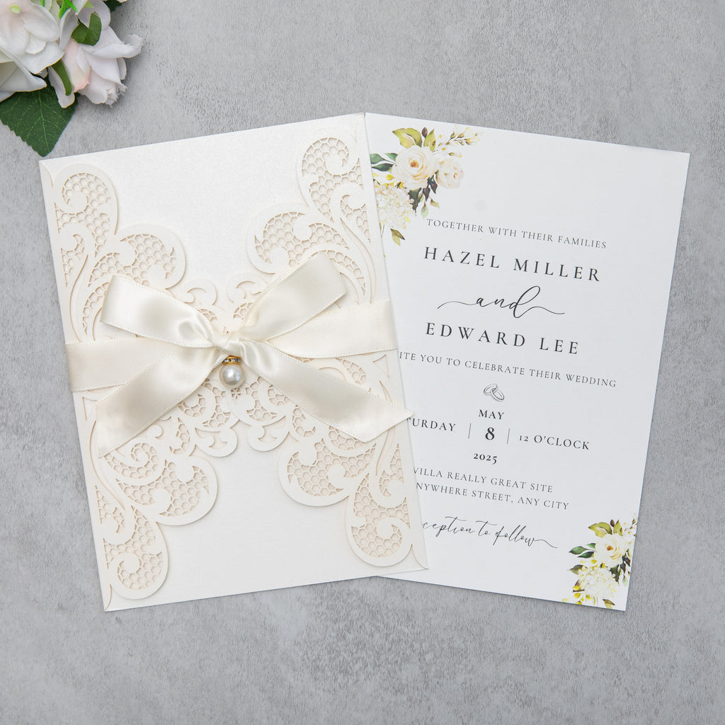PONATIA 20 PCS Ivory Laser Cut Invitation Cards with Ribbons and Rhinestone Pearls