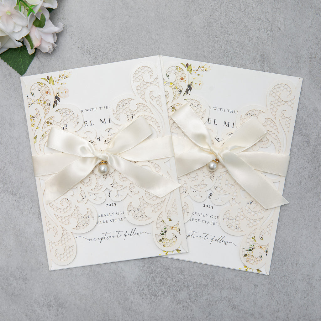 PONATIA 20 PCS Ivory Laser Cut Invitation Cards with Ribbons and Rhinestone Pearls
