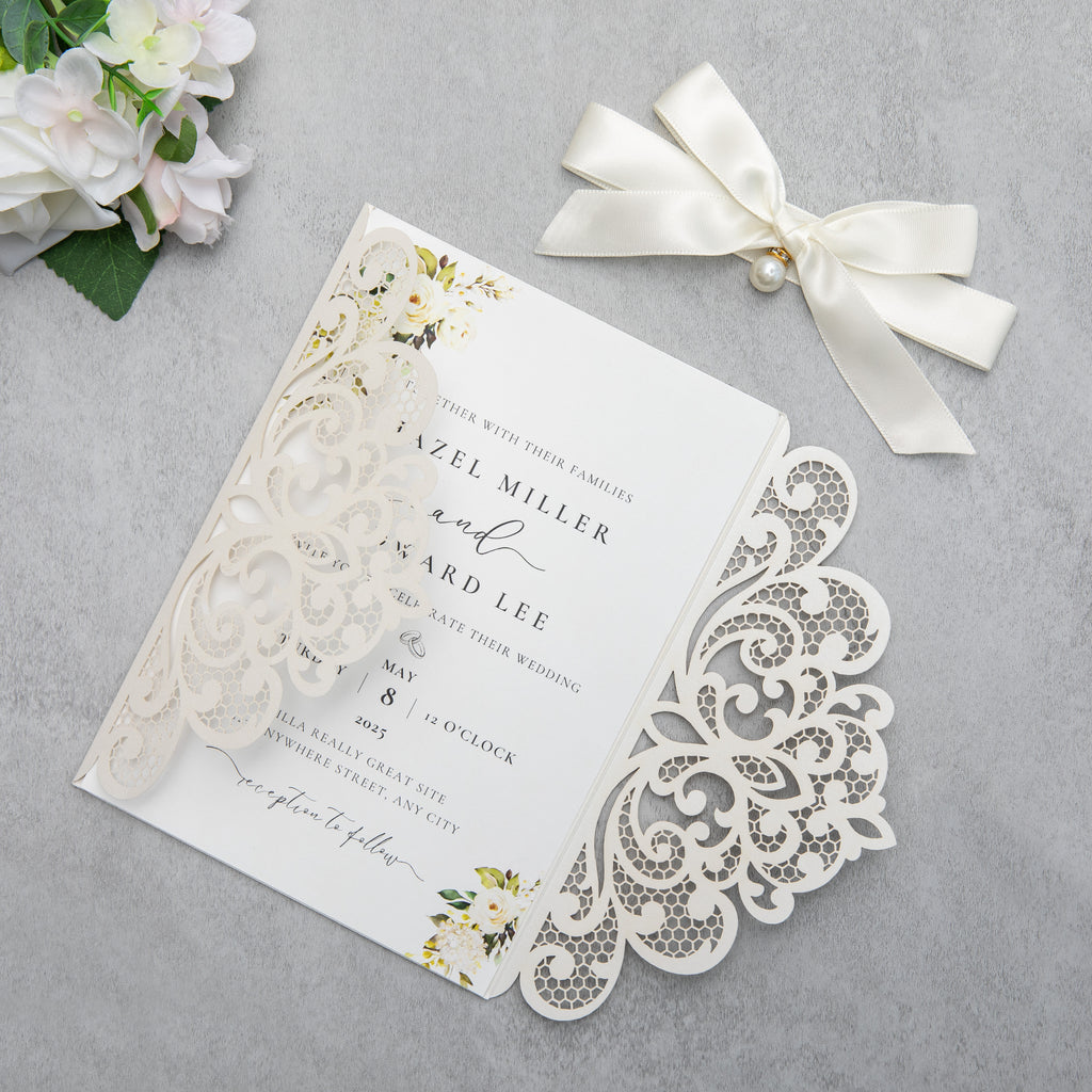 PONATIA 20 PCS Ivory Laser Cut Invitation Cards with Ribbons and Rhinestone Pearls