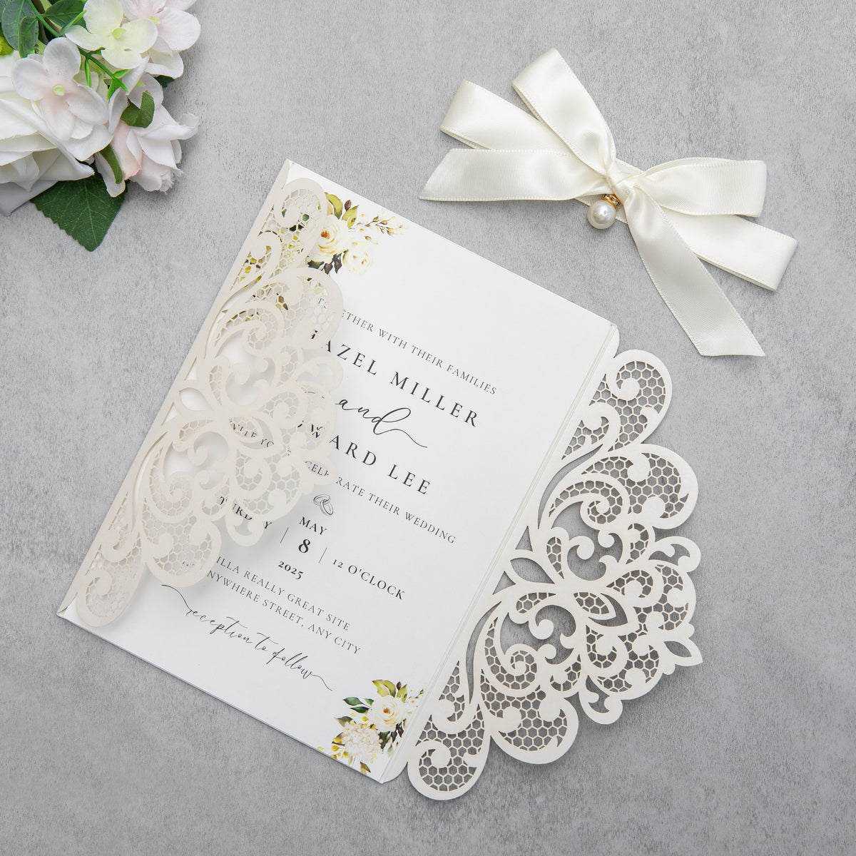 PONATIA 20 PCS Ivory Laser Cut Invitation Cards with Ribbons and Rhinestone Pearls