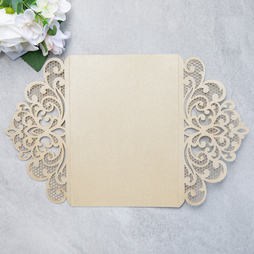 PONATIA 20 PCS Champagne Laser Cut Invitation Cards with Ribbons and Rhinestone Pearls