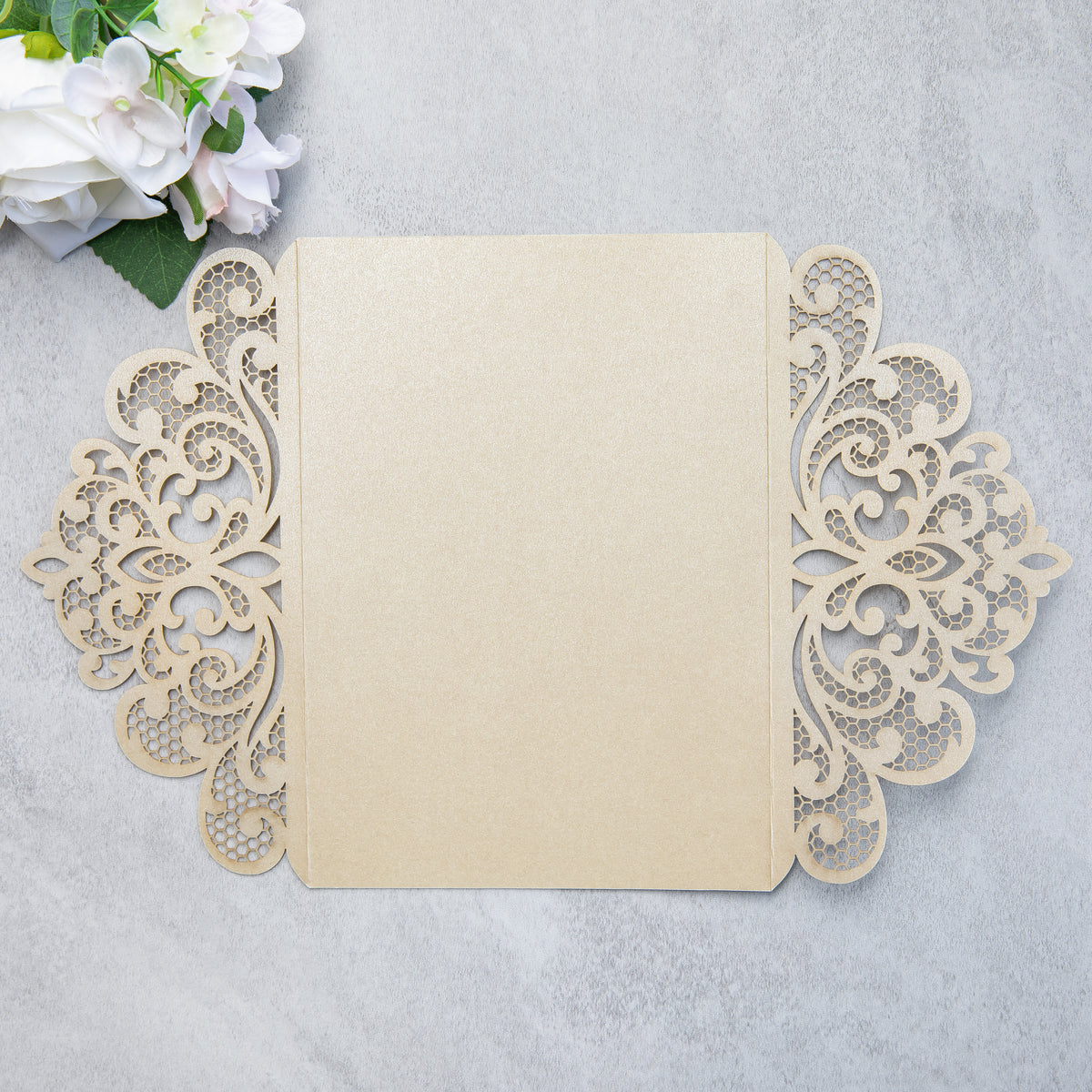 PONATIA 20 PCS Champagne Laser Cut Invitation Cards with Ribbons and Rhinestone Pearls