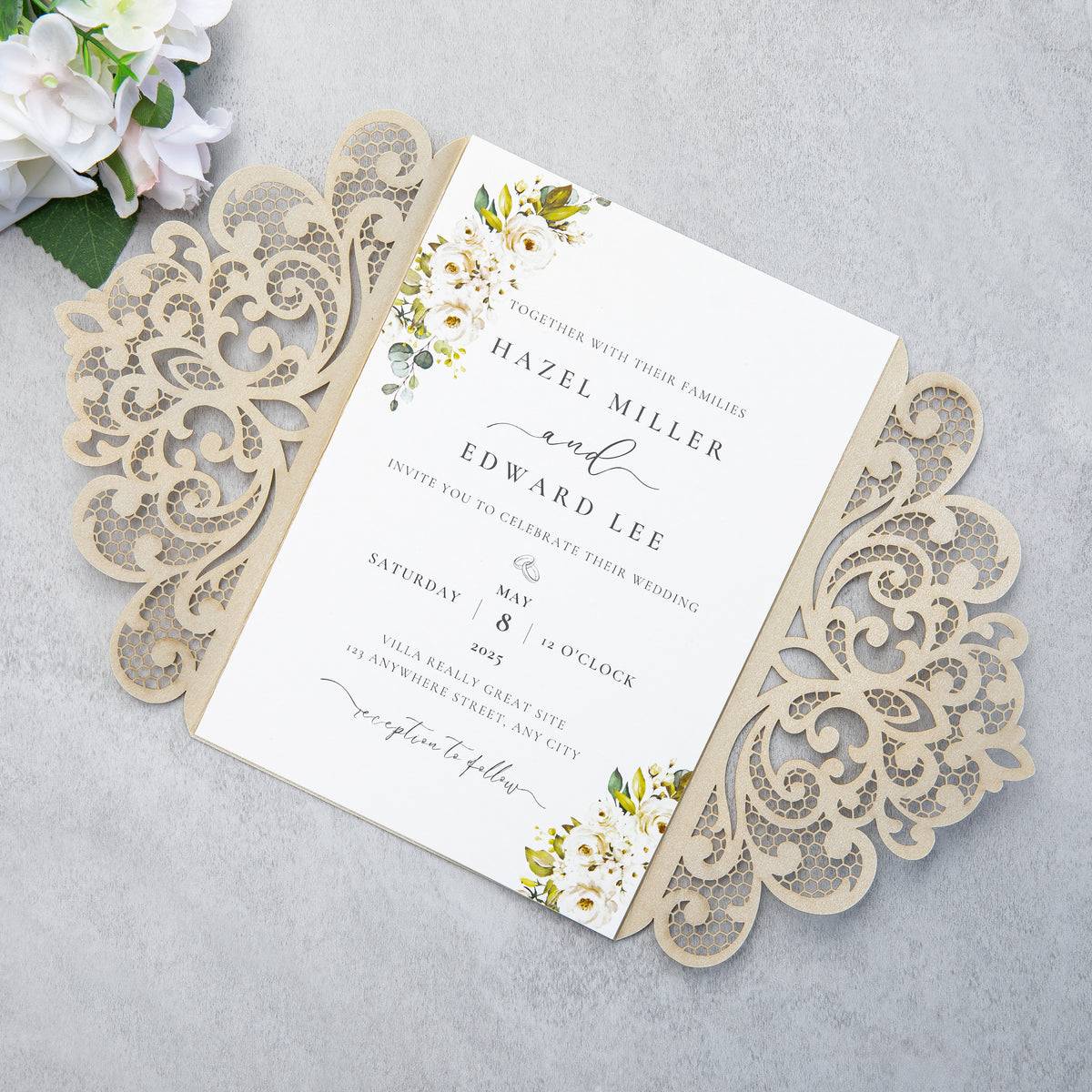 PONATIA 20 PCS Champagne Laser Cut Invitation Cards with Ribbons and Rhinestone Pearls