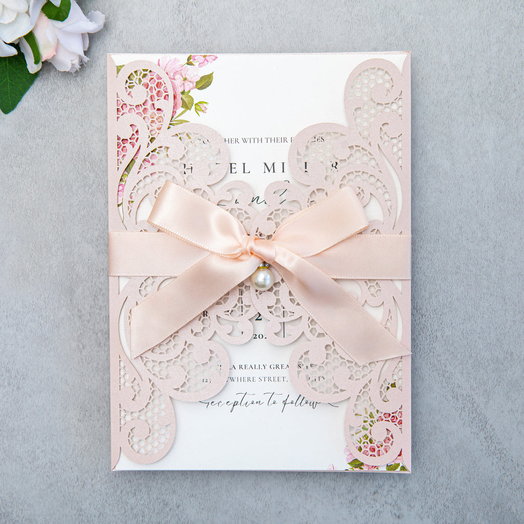PONATIA 20 PCS Blush Pink Laser Cut Invitation Cards with Ribbons and Rhinestone Pearls
