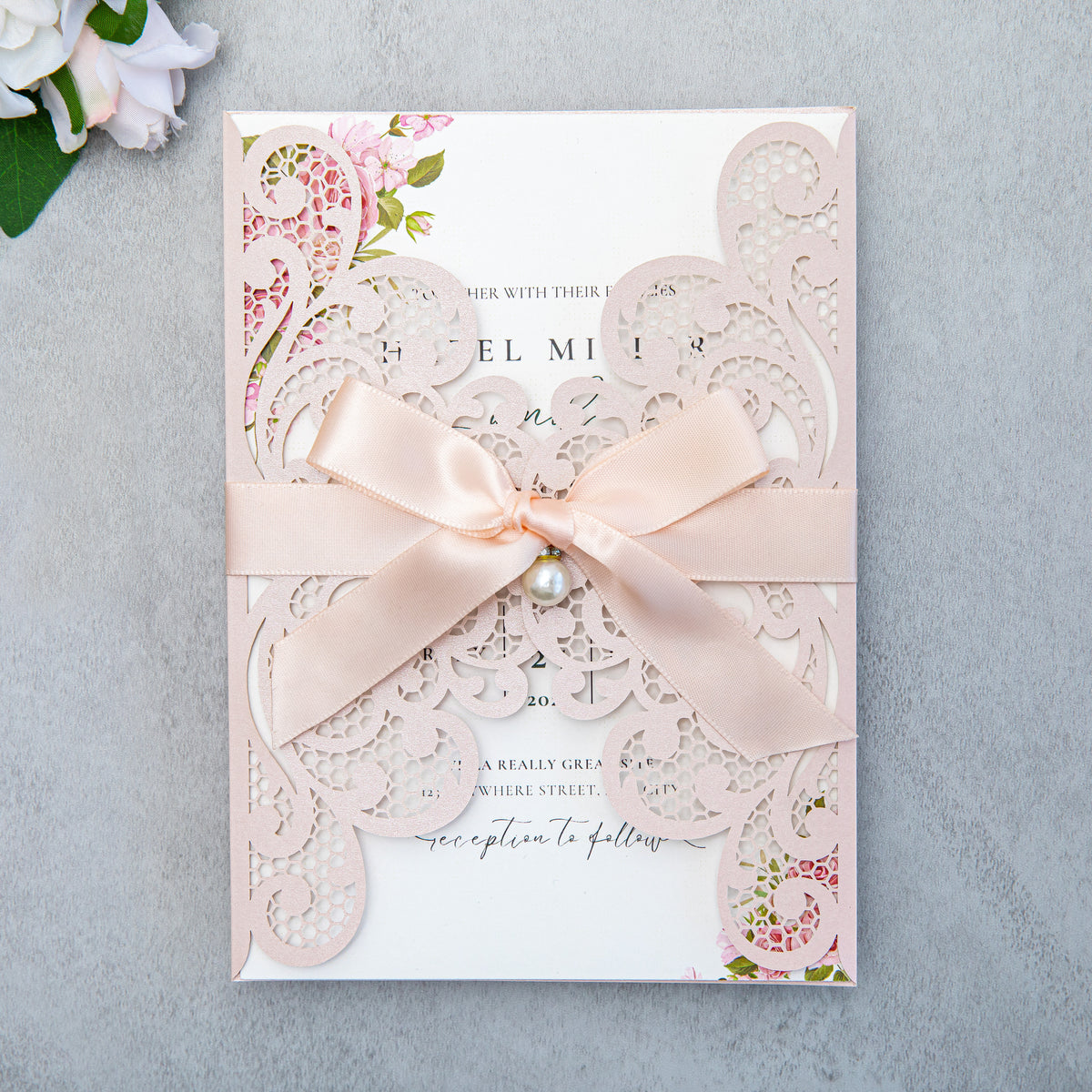 PONATIA 20 PCS Blush Pink Laser Cut Invitation Cards with Ribbons and Rhinestone Pearls