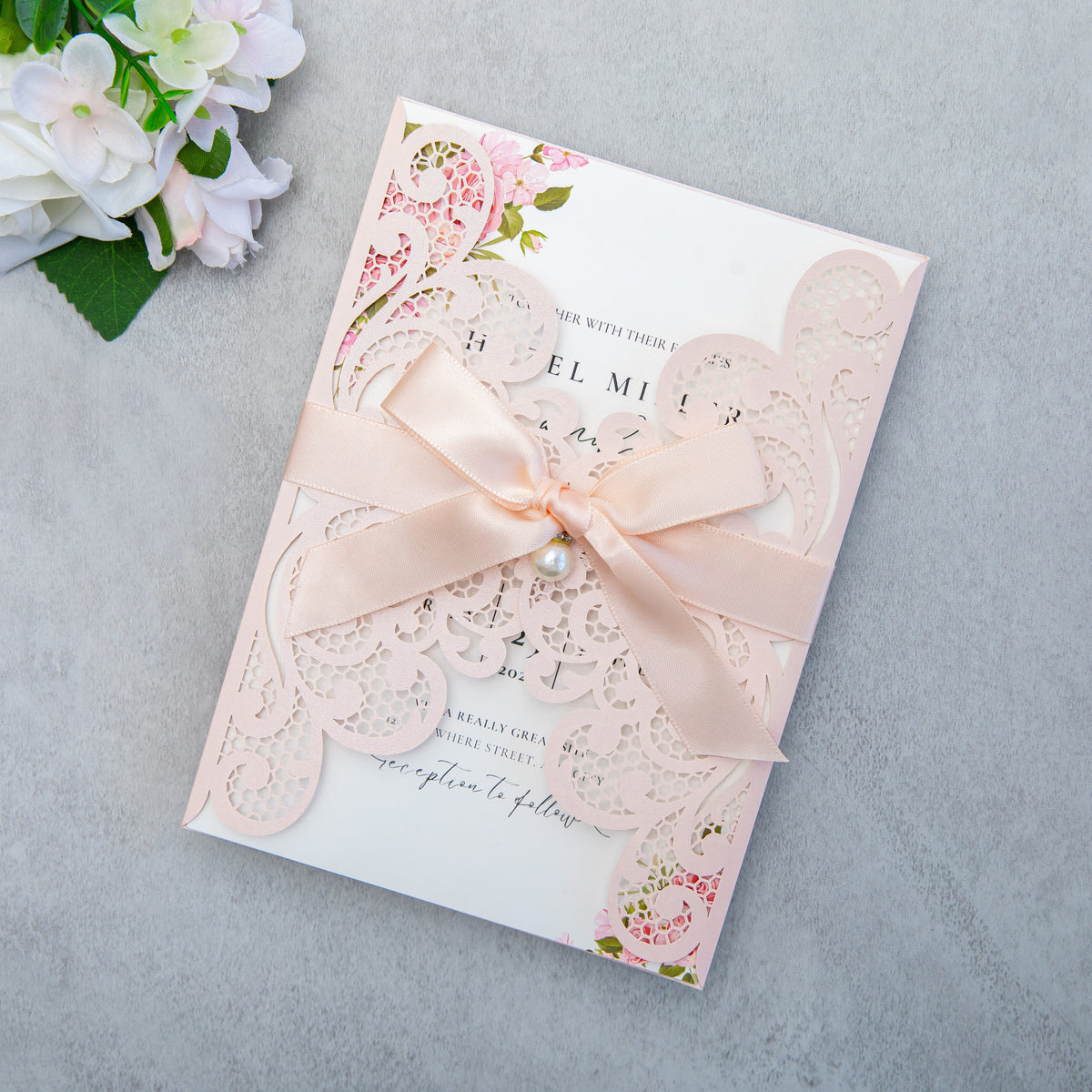 PONATIA 20 PCS Blush Pink Laser Cut Invitation Cards with Ribbons and Rhinestone Pearls