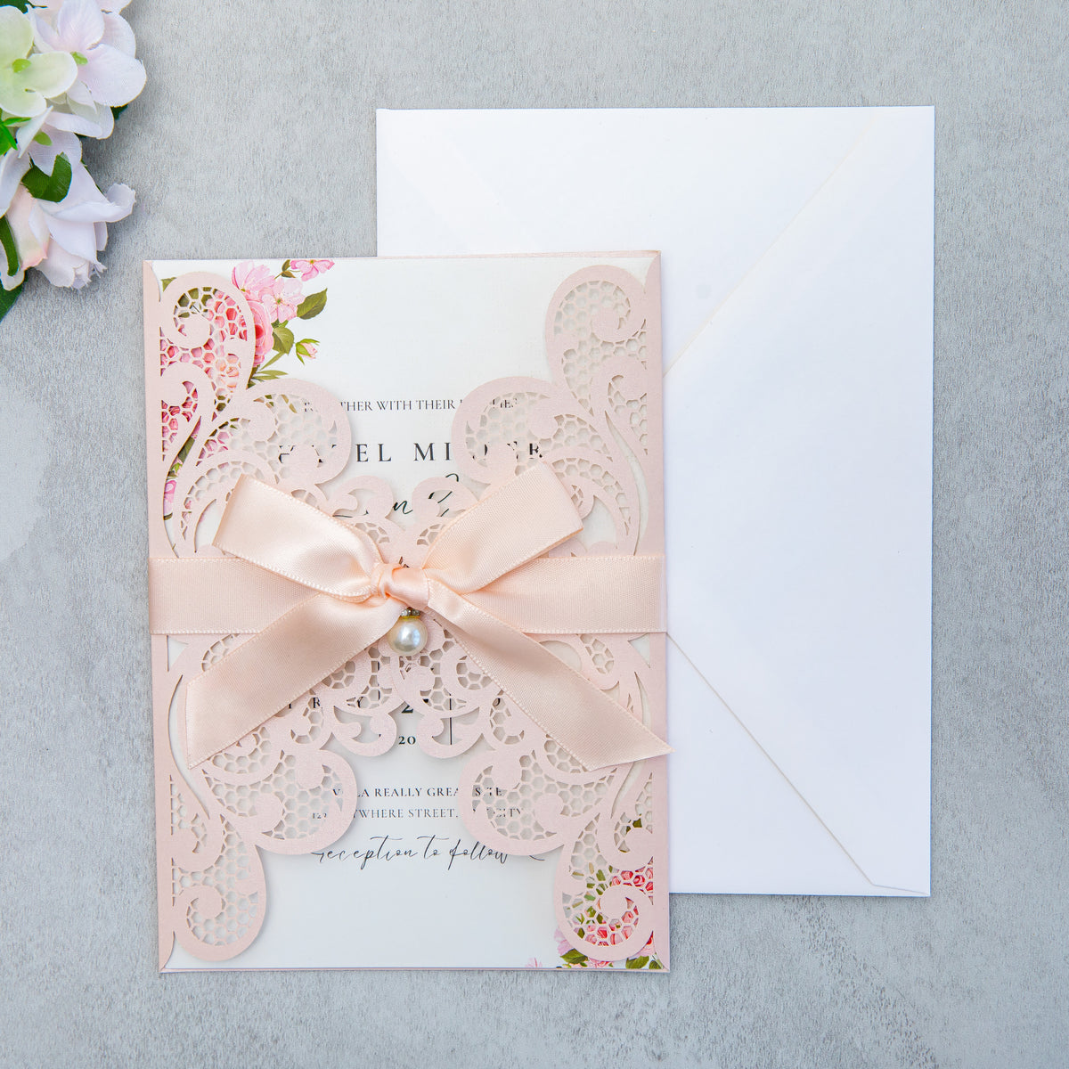 PONATIA 20 PCS Blush Pink Laser Cut Invitation Cards with Ribbons and Rhinestone Pearls