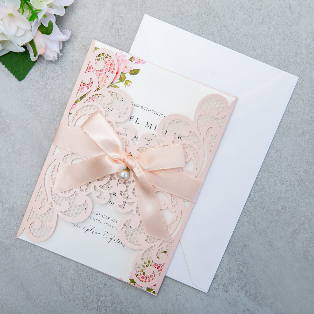 PONATIA 20 PCS Blush Pink Laser Cut Invitation Cards with Ribbons and Rhinestone Pearls