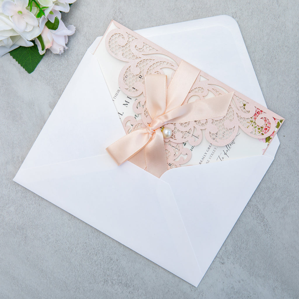PONATIA 20 PCS Blush Pink Laser Cut Invitation Cards with Ribbons and Rhinestone Pearls