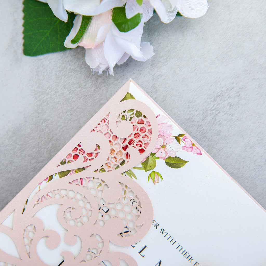 PONATIA 20 PCS Blush Pink Laser Cut Invitation Cards with Ribbons and Rhinestone Pearls