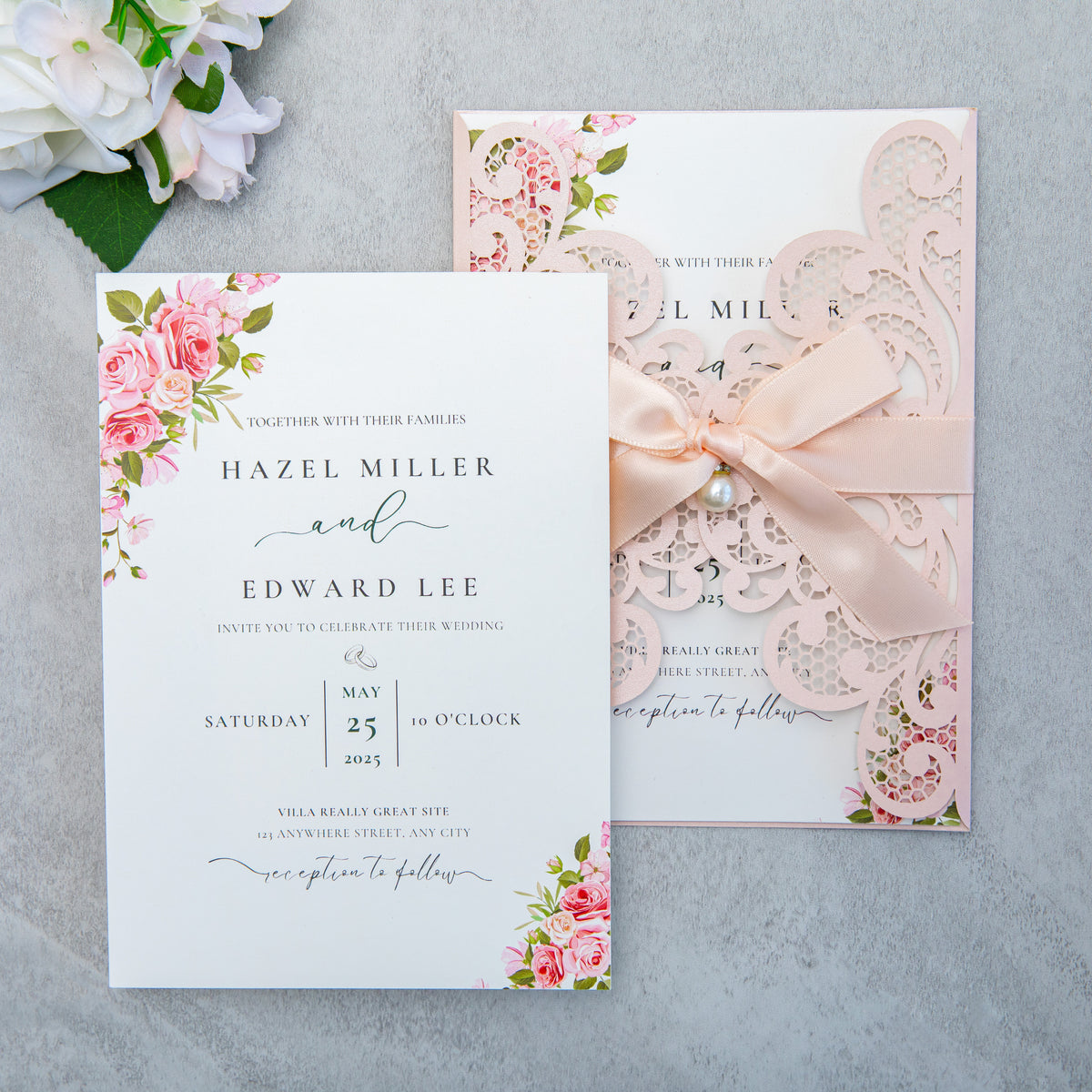 PONATIA 20 PCS Blush Pink Laser Cut Invitation Cards with Ribbons and Rhinestone Pearls