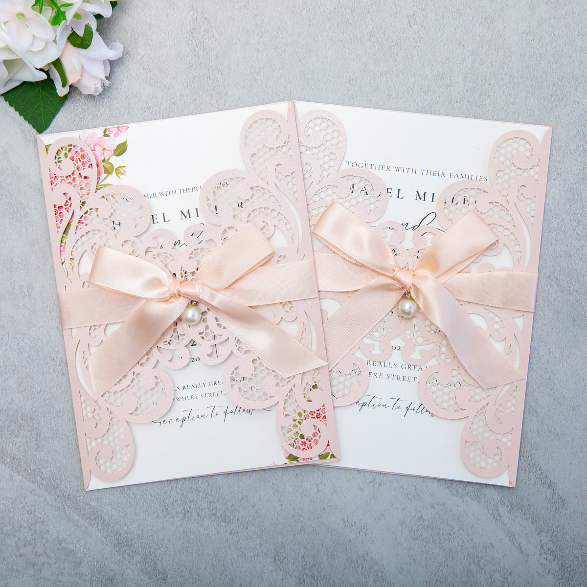 PONATIA 20 PCS Blush Pink Laser Cut Invitation Cards with Ribbons and Rhinestone Pearls