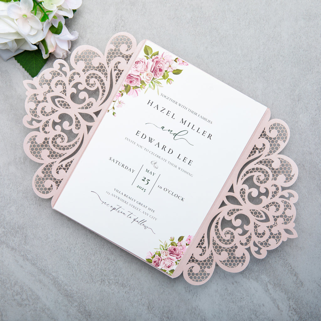 PONATIA 20 PCS Blush Pink Laser Cut Invitation Cards with Ribbons and Rhinestone Pearls